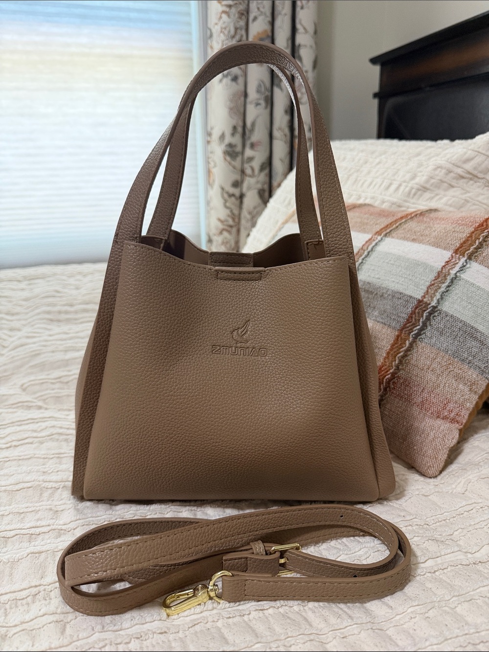 Taupe Pebbled Leather Shoulder Bag